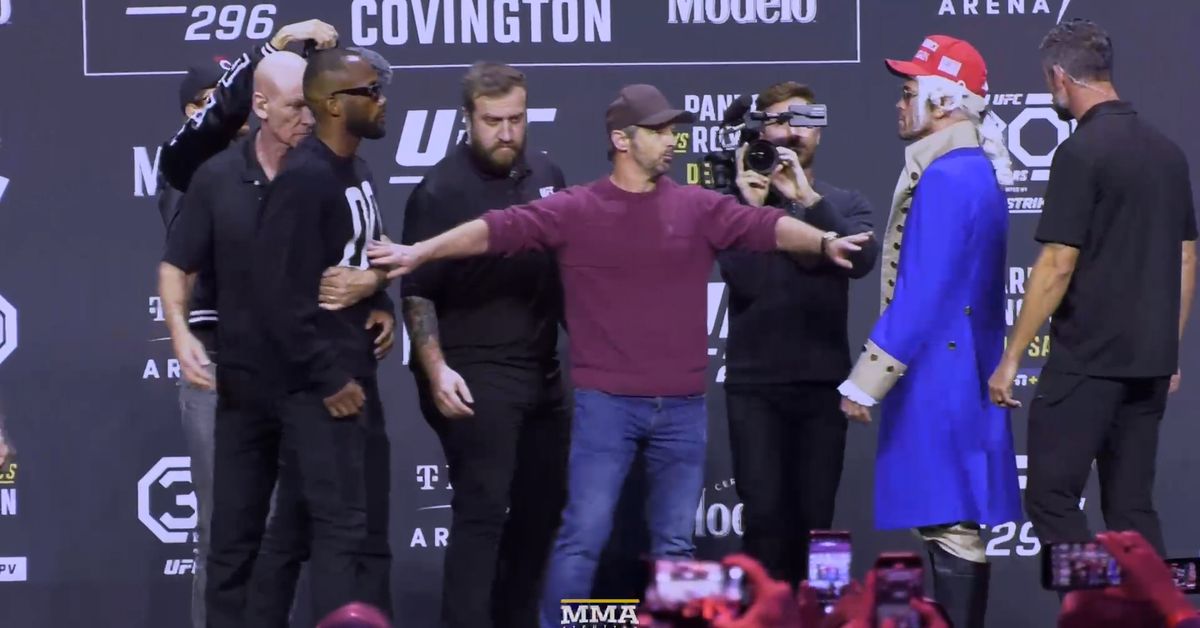 Video: Leon Edwards se contuvo en la mirada fija después del comentario grosero de Colby Covington en la prensa de UFC 296
