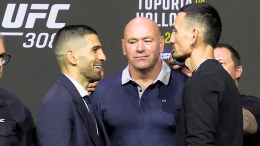 Miradas de la conferencia de prensa de UFC 308: Ilia Topuria se ríe en la cara de Max Holloway antes del evento principal