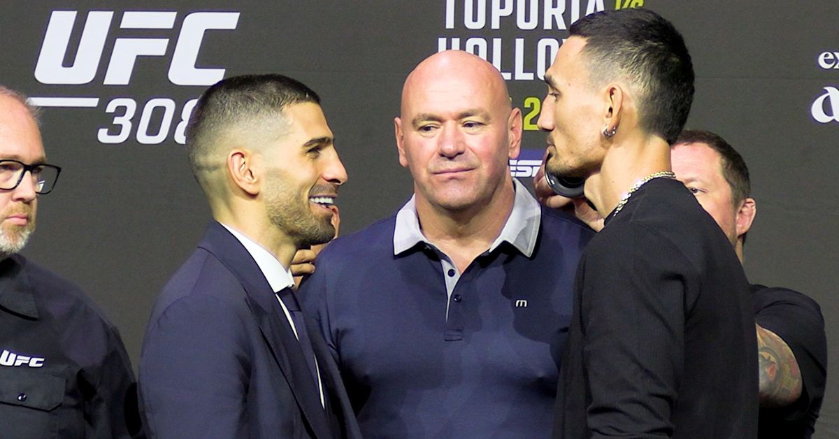 Miradas de la conferencia de prensa de UFC 308: Ilia Topuria se ríe en la cara de Max Holloway antes del evento principal