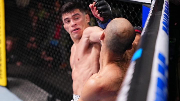 Video de UFC Vegas 112: Kevin Vallejos derriba a Giga Chikadze con un puño giratorio hacia atrás y termina con fuertes codazos